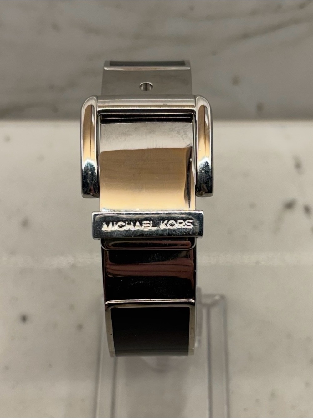 Michael Kors Haute Silver Tone Black Enamel Hinge Belt Buckle Bangle Bracelet
